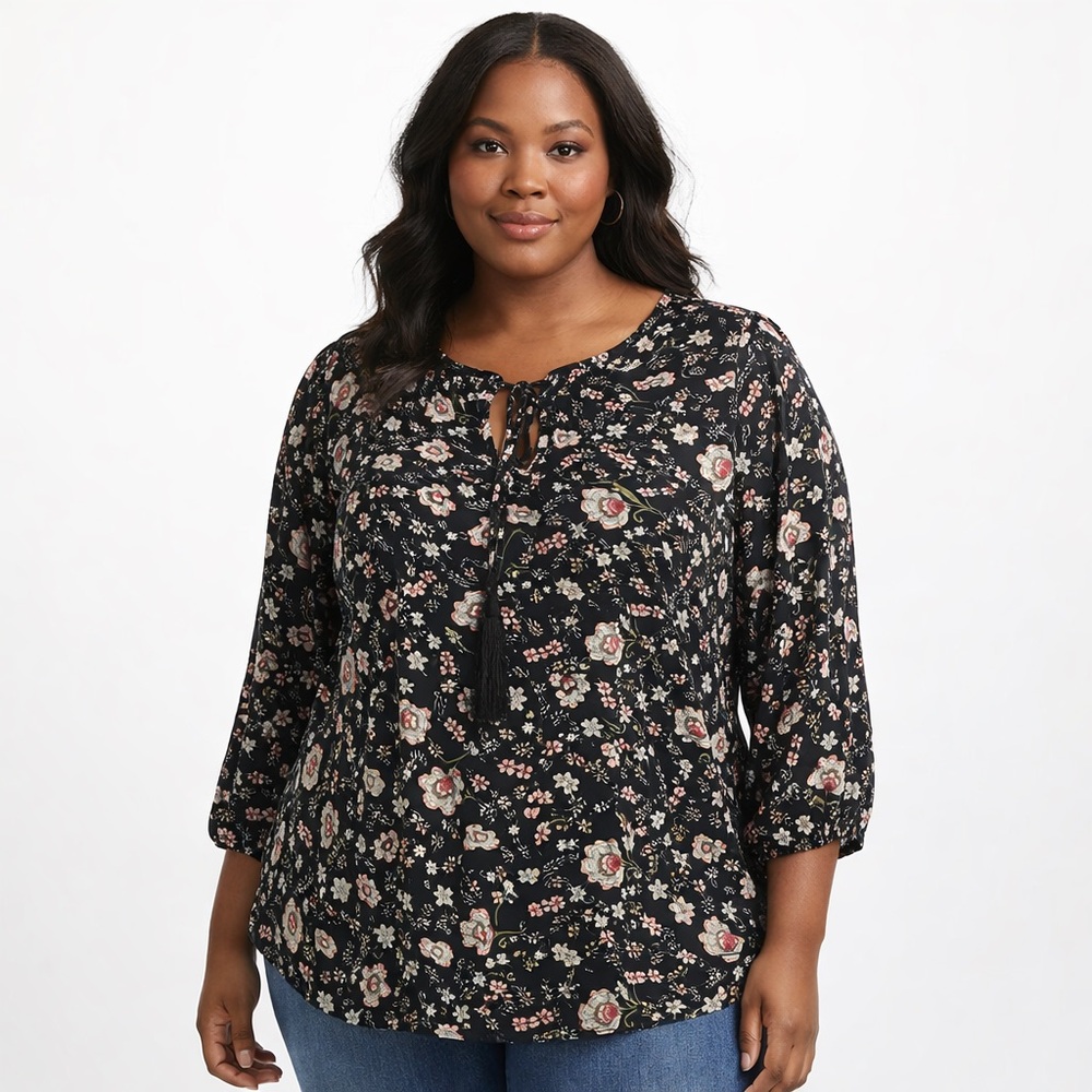 Kaari Blue Curvy Floral Boho Tassel Tie Blouse Black Pink Womens 1X